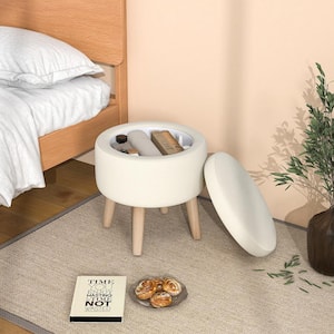 Beige Farbic Round Storage Ottoman Accent Storage Footstool with Tray for Living Room Bedroom