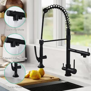 Double Handle 3 in 1 Solid Brass Pull Down Sprayer Kitchen Faucet with Drinking Water and Deckplate in Matte Black