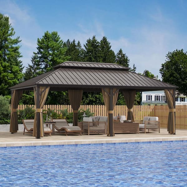 14 ft. x 22 ft. Double Galvanized Steel Roof Aluminum Frame Outdoor Patio Hardtop Gazebo with Netting and Curtains