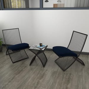 Black 3 -Piece Metal Small Folding Outdoor Seating Set with Navy Cushions (Set of 3)