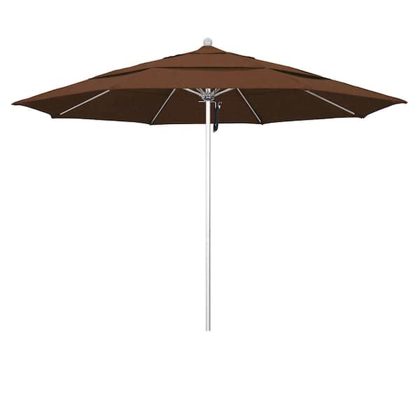 California Umbrella 11 ft. Silver Aluminum Commercial Market Patio Umbrella with Fiberglass Ribs and Pulley Lift in Teak Olefin