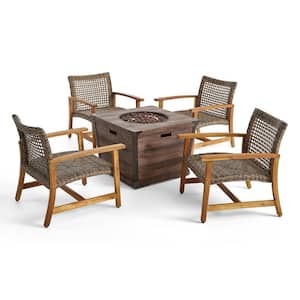 Hampton Natural with Grey 5-Piece Wood and Faux Rattan Patio Fire Pit Seating Set
