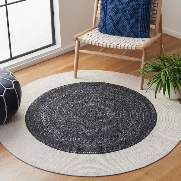 Braided Black Ivory 4 ft. x 4 ft. Abstract Border Round Area Rug