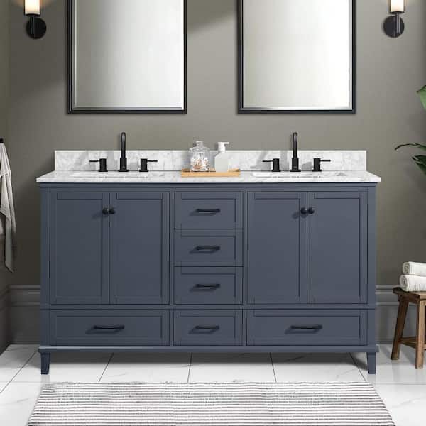 Merryfield 61 in. Double Sink Freestanding Dark Blue-Grey Bath Vanity with White Carrara Marble Top (Assembled)