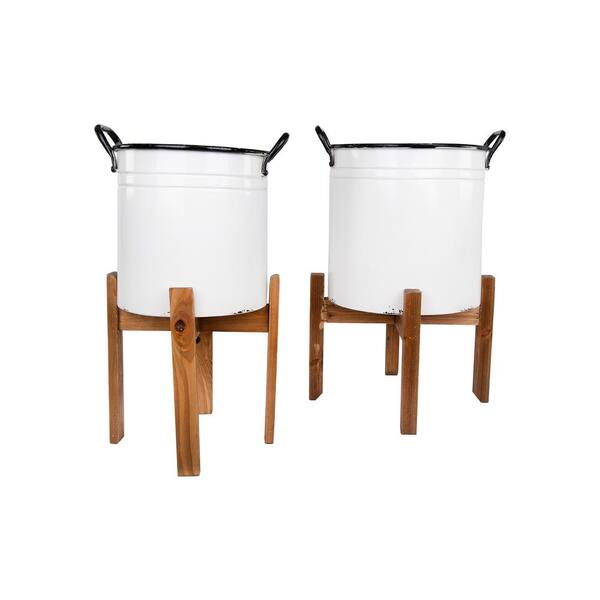 Storied Home Distressed White Metal Floor Planters with Black Rim and Handles on Wood Stands (2-Pack)