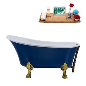 55 in. Acrylic Clawfoot Non-Whirlpool Bathtub in Matte Blue With Oil Rubbed Bronze Drain And Brushed Gold Clawfeet