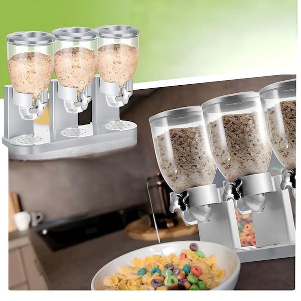 1-Piece Triple Indispensable Dry Food Dispenser, Cereal Container for Storage Preserving, Silver
