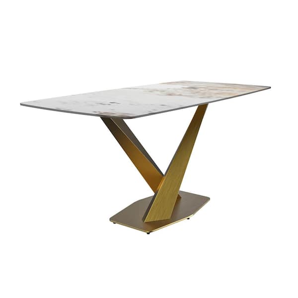 Leisuremod Voren Modern White Grey Stone Tabletop 71 in. Double Pedestal Base Dining Table 810eater in Gold Stainless Steel