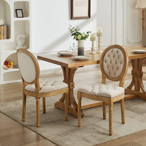 Beige French Style Antique Painting Velvet Dining Chair with Nailhead Trim, Solid Wood Frame, Set of 2