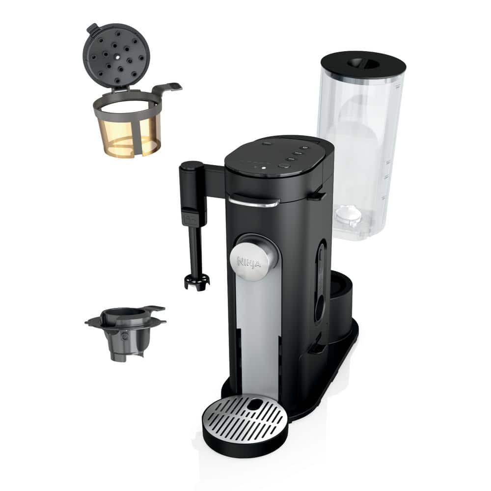 Black Single-Serve Coffee Maker with Integrated Milk Frother