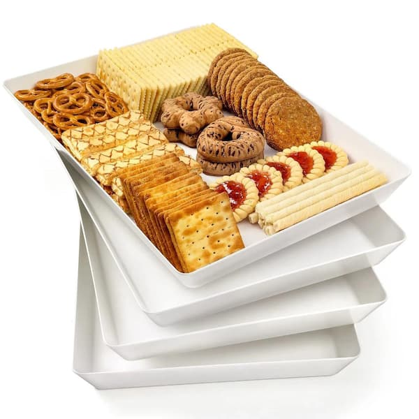 PRIMEPLUS 16 in. x 11 in. White Plastic Serving Trays Set, Serving Platters for Snack, Dessert, 4 Pack Per Case