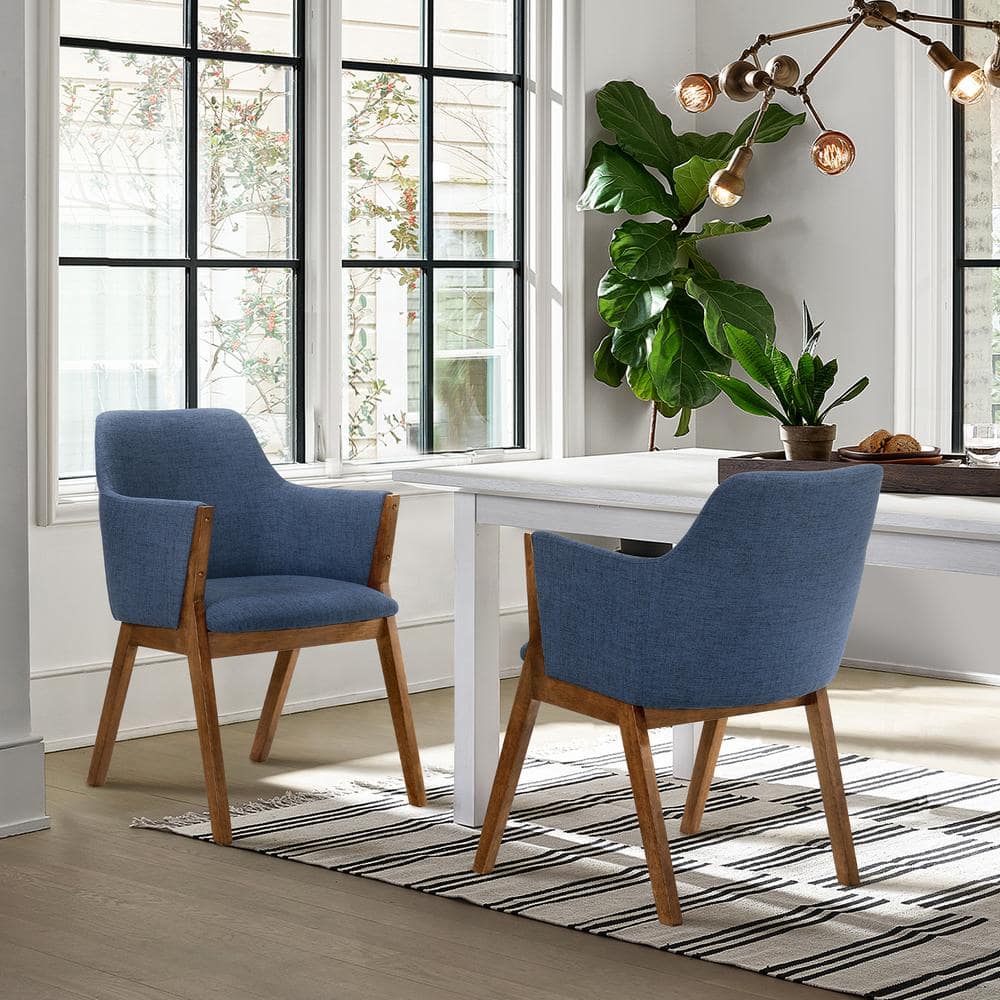Blue Upholstered Wood Arm Chairs Set of 2