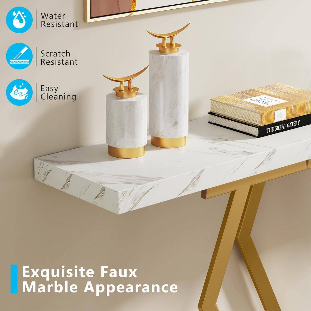 White Faux Marble and Gold Metal Console Table with Storage
