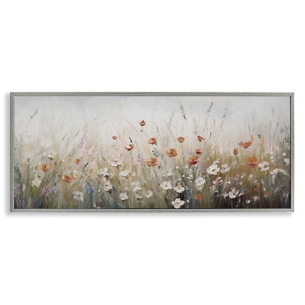Neutral Poppy Blooms by Ramona Murdock Gray Framed Giclee Art Print Nature 10 in. x 24 in.