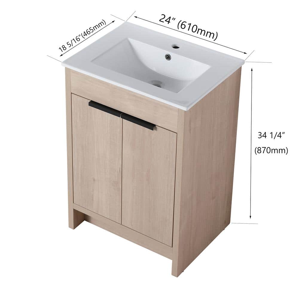 Freestanding Light Oak Plywood Bathroom Vanity with White Ceramic Sink