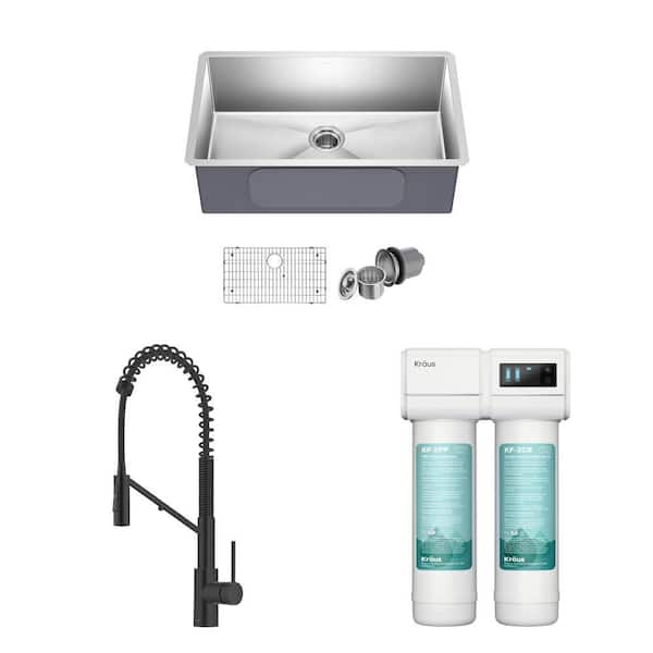 Standart PRO 32 in. Undermount Sink with Accessories, Oletto Matte Black Faucet and Purita 2-Stage Filtration System