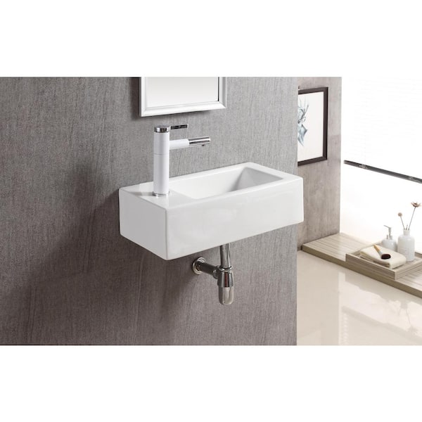 Elanti Wall-Mounted Right-Facing Rectangle Bathroom Sink in White Elanti Wall-Mounted Right-Facing Rectangle Bathroom Sink in White