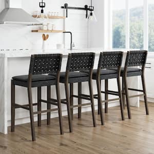 Cohen 29 in. Wood Mid-Century Faux Leather Counter Height Bar Stool, with Woven Back for Kitchen, Black, Set of 4