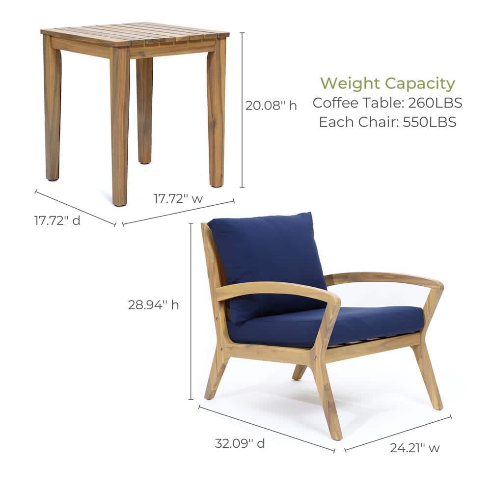 Acacia Wood Outdoor Conversation Set with Blue Cushions