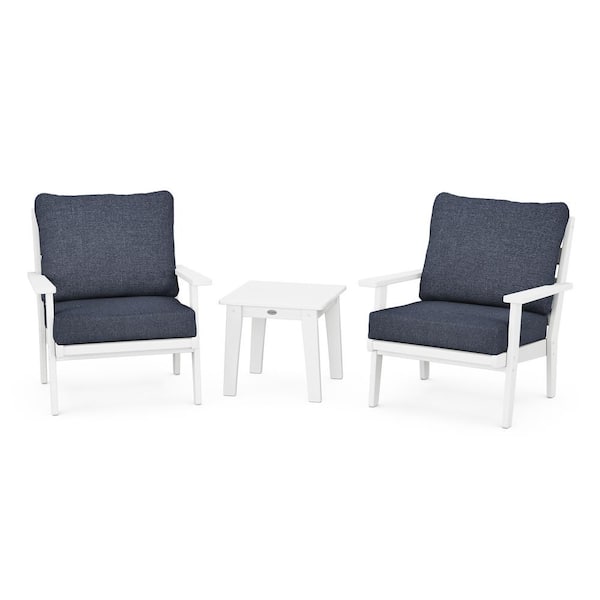 POLYWOOD Grant Park White 3-Piece Plastic Small Patio Furniture Deep Seating Set with Stone Blue Cushions