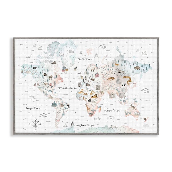 Stupell Industries Whimsical World Traveler Map by Laura Marshall Gray Framed Animal Giclee Art Print 12 in. x 18 in.