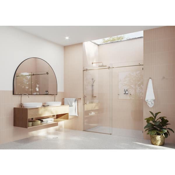 Glass Warehouse Eclipse 60 in. to 64 in. W x 78 in. H Sliding Frameless Shower Door in Brushed Bronze with Handle