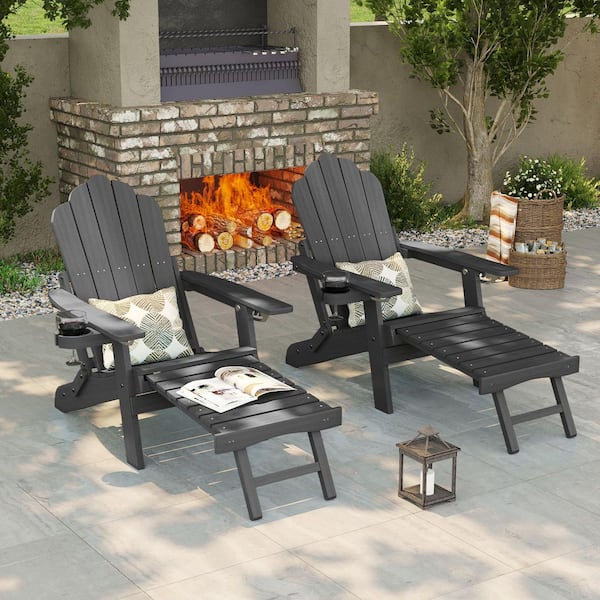 Black Folding Adirondack Chair with Retractable Ottoman Fire Pit Patio Chair with Cup Holder (2-Pack)