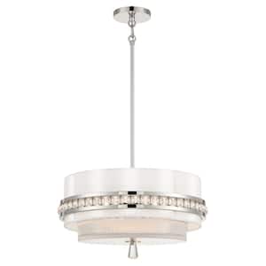 Sutton 3-Light Polished Nickel Drum Pendant to Semi-Flush with Clear Pressed Glass and White Silk Shades