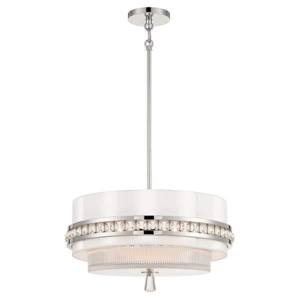 Metropolitan Sutton 3-Light Polished Nickel Drum Pendant to Semi-Flush with Clear Pressed Glass and White Silk Shades