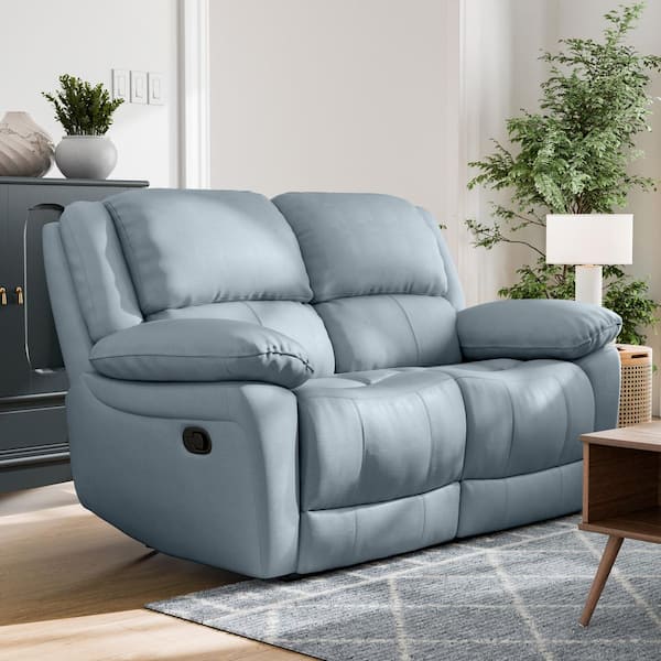 Furniture of America Loure 60 in. Powder Blue Solid Leather Match 2-Seater Loveseat with Pillow Top Arms and Adjustable Headrest