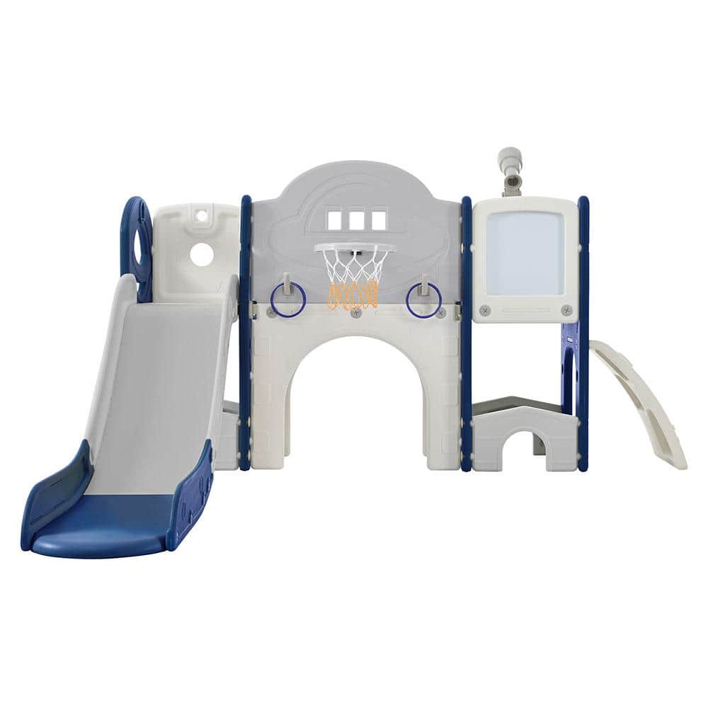 9-in-1 Blue Gray Freestanding Kids Slide Playset with Slide, Arch Tunnel, R