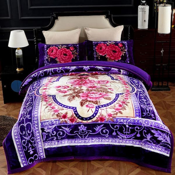 3-Pieces Purple Floral Sherpa Fleece Blanket Set 79 in. x 91 in. with 2-Pillow Sham 20 in. x 30 in.