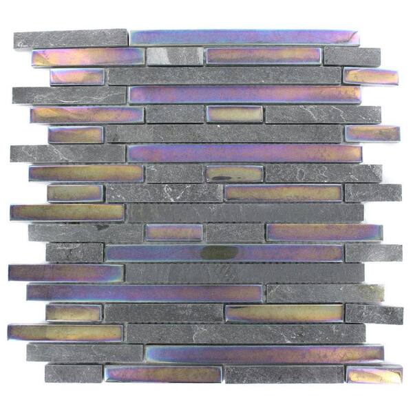 Splashback Tile Tectonic Harmony Black Slate and Rainbow Black 12 in. x 12 in. x 8 mm Glass Mosaic Floor and Wall Tile