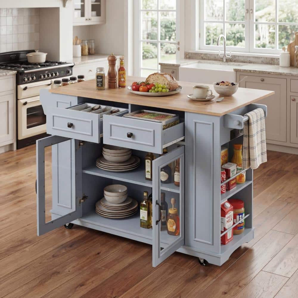 Blue Gray Wood 54 in. Mobile Kitchen Island Drop Leaf Kitchen Carts w/Wood Top Shelves Drawers and Glass Door