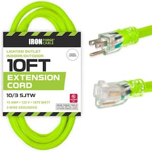 10 ft. 10 Gauge 10/3 Outdoor Braided Extension Cord, with Tri-tap, Dual Lighted End, Foot Switch, 15 AMP, Light Green