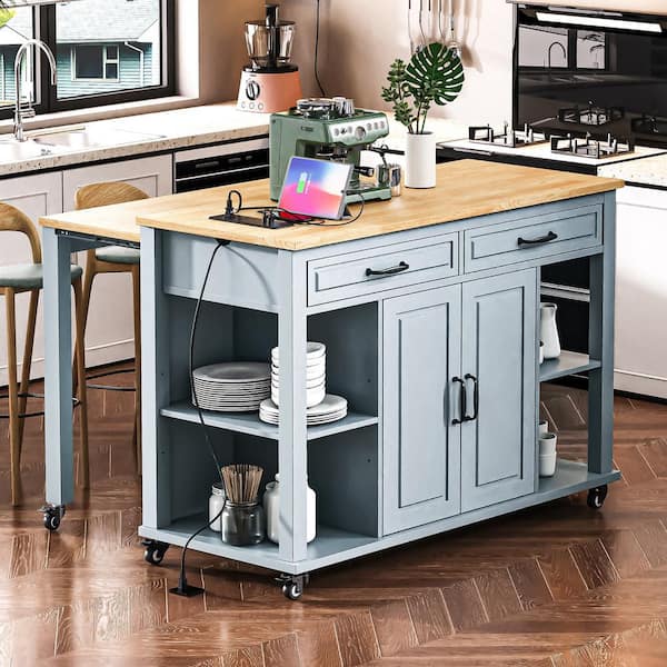 Xzkai Blue Wood 47 in. Kitchen Island with Power Outlet, Extendable Dining Table, 2 Doors and 2 Drawers