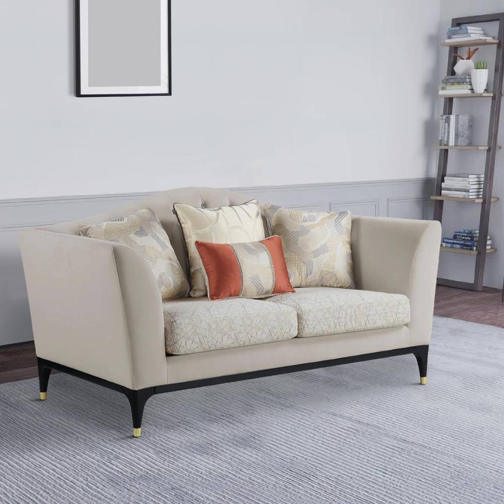 Beige Velvet Tufted Loveseat with Gold-Capped Wood Legs, 71"