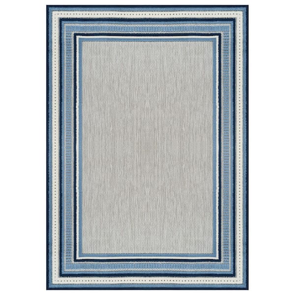 Coastal Border Design Indoor/Outdoor High-Low Textured, Coastal Border, Easy-Clean Patio 5 ft. x 7 ft. Navy Area Rug