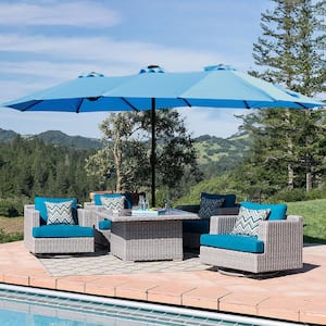 15 x 9 ft. Large Double-Sided Rectangular Outdoor Twin Metal Patio Market Umbrella with light and base in Blue