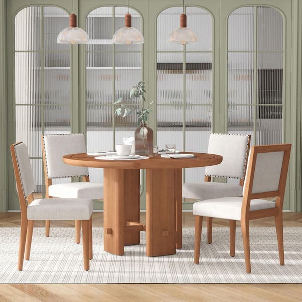 Minimalist Farmhouse 5-Piece Round Brown MDF Top Dining Table Set with 4 Solid Wood Upholstered Chairs