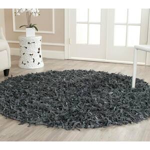 Leather Shag Grey 6 ft. x 6 ft. Round Solid Area Rug