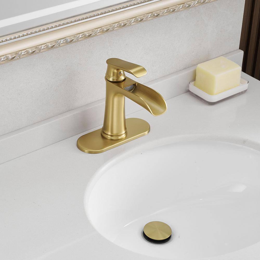 Brushed Gold Brass Single Handle Waterfall Bathroom Faucet