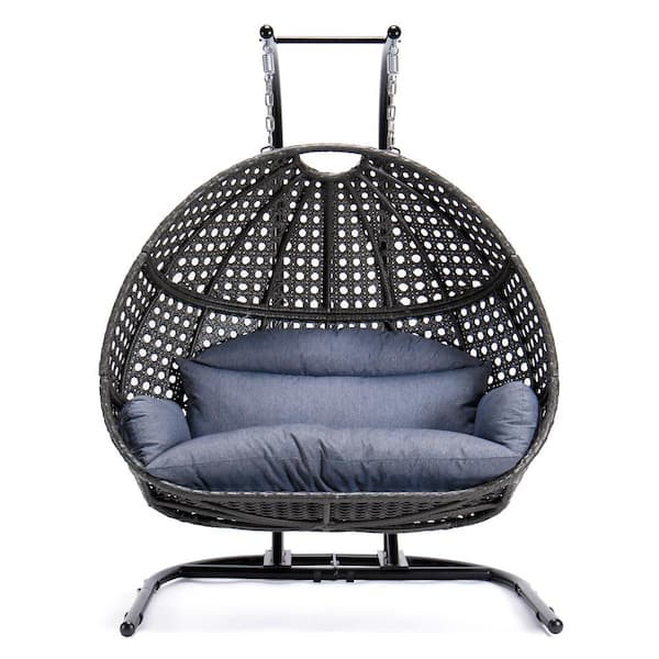 Black Wicker Patio Swing Double-Seat Swing Chair with Stand with Dust Blue Cushion