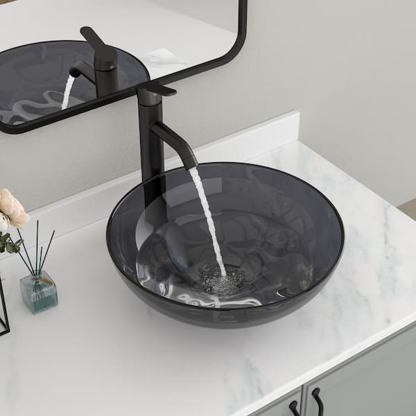 15.5 in. Vessel Round Sink Bathroom Sink with Drain in Black Glass