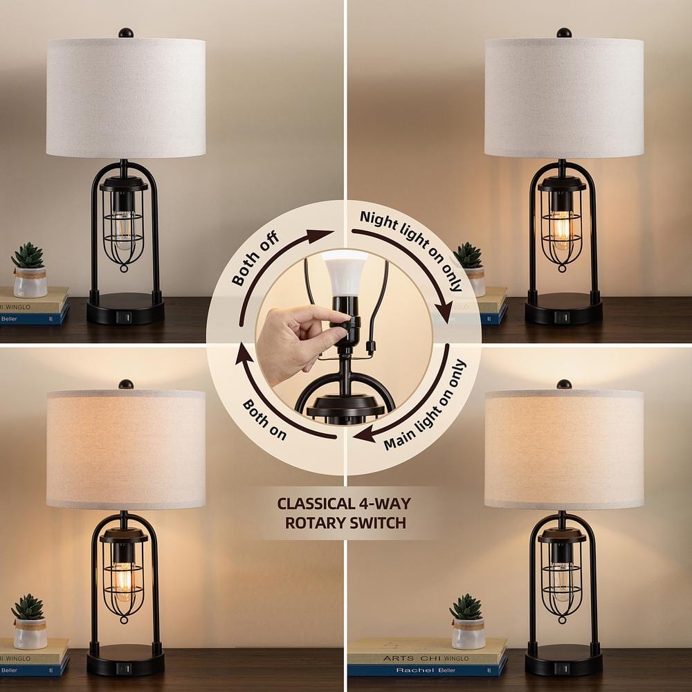 21.5'' Black Metal Table Lamp Set with USB Ports and Lantern Night Light