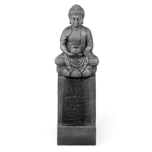 LuxenHome Polyresin Meditating Buddha on Column Patio Cascade Fountain with LED Lights