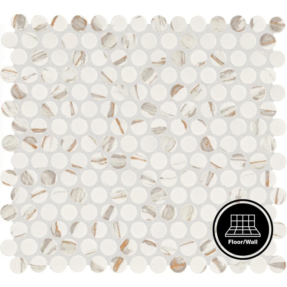 Restore Calacatta Glazed Ceramic Penny Round Mosaic Tile (12.15 sq. ft./Case)  2 Boxes for pick up 24.3 Sq.ft total You bid per sq.ft 