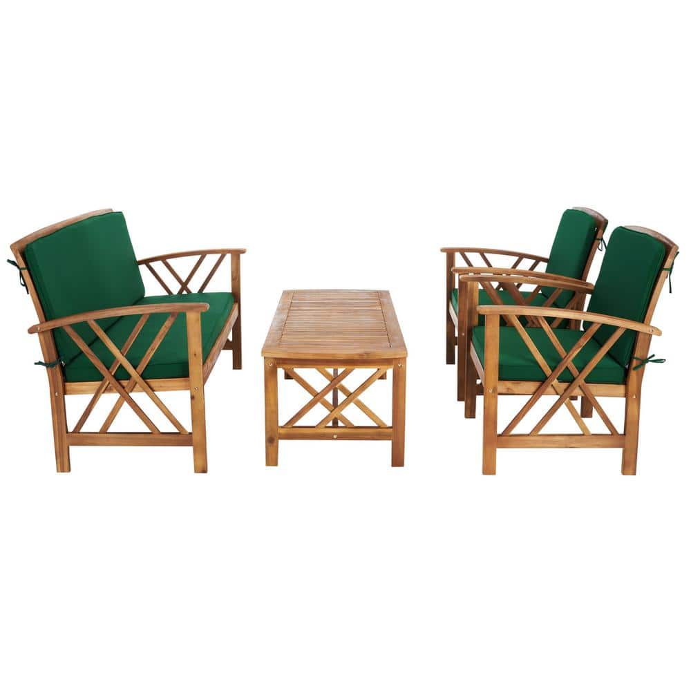 Fontana Natural Acacia Wood 4-Piece Patio Set with Green Cushions