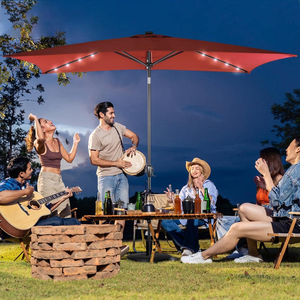 Burgundy Rectangular Solar LED Patio Umbrella with Steel Frame
