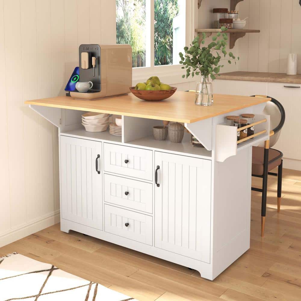 White Wood 55.7 in. Kitchen Island with 2 Drop Leaf, Kitchen Island Cart wi